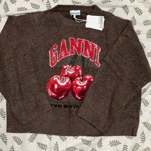 Ganni Brown Sweater with Red Cherry Graphic